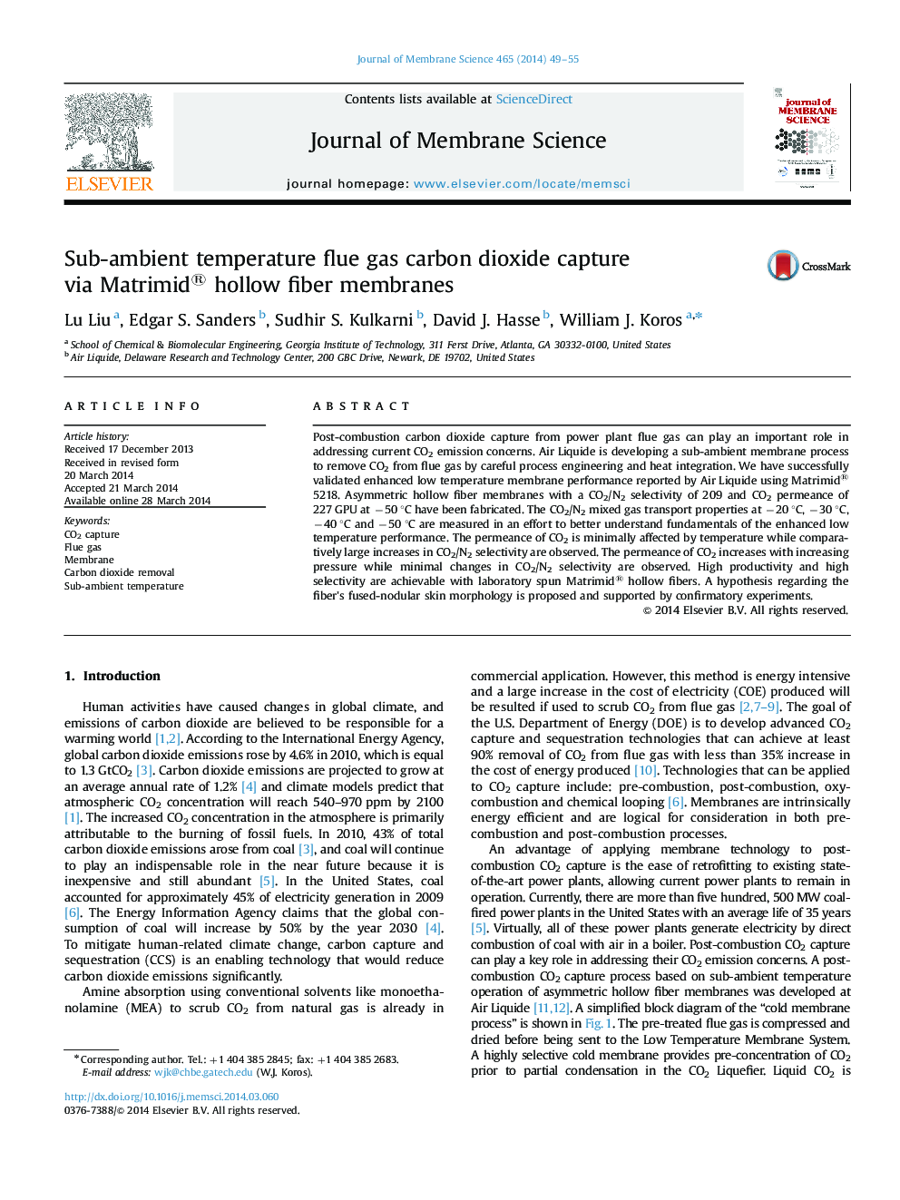 Sub-ambient temperature flue gas carbon dioxide capture via Matrimid® hollow fiber membranes