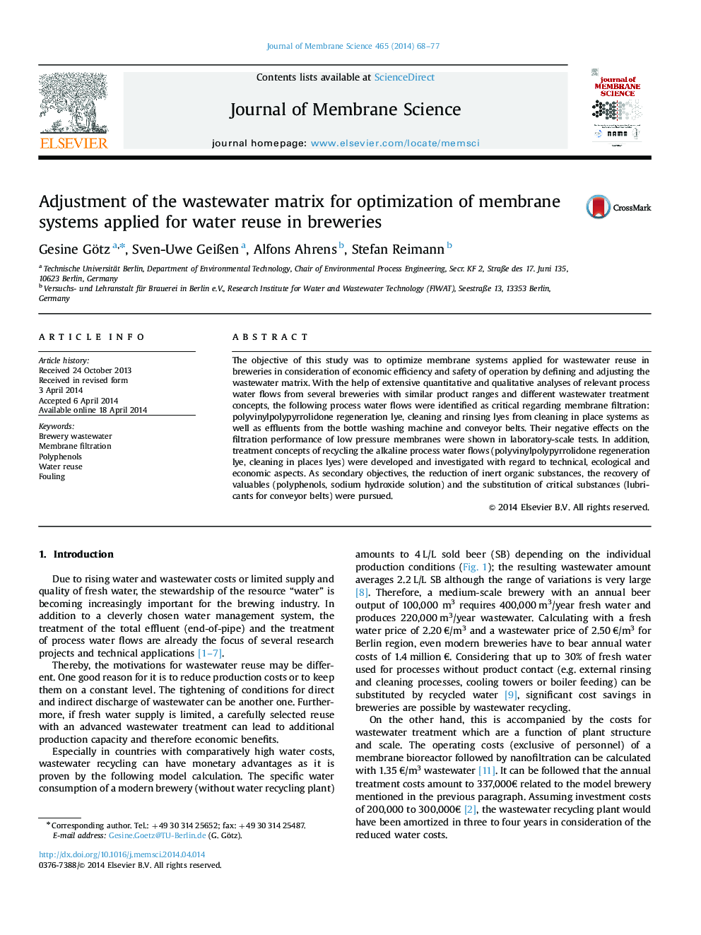 Adjustment of the wastewater matrix for optimization of membrane systems applied for water reuse in breweries