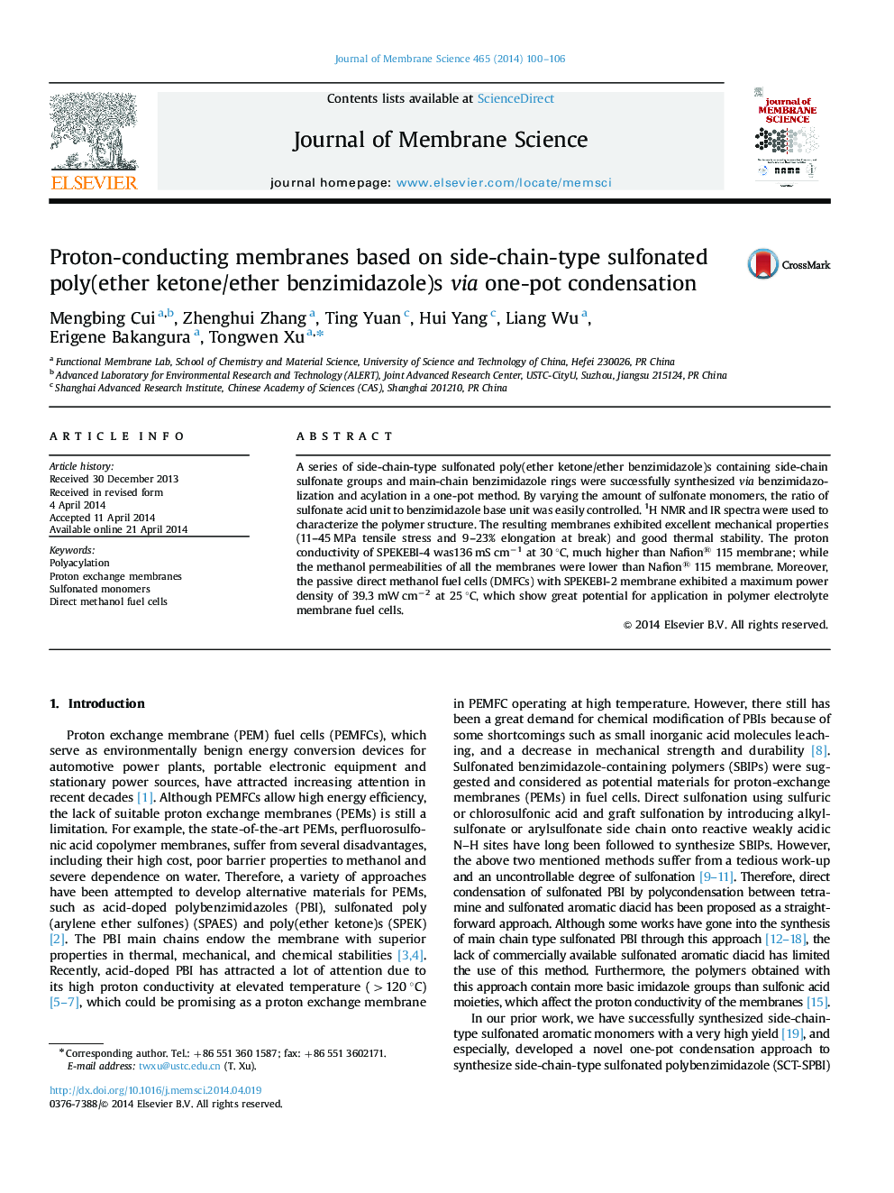 Proton-conducting membranes based on side-chain-type sulfonated poly(ether ketone/ether benzimidazole)s via one-pot condensation