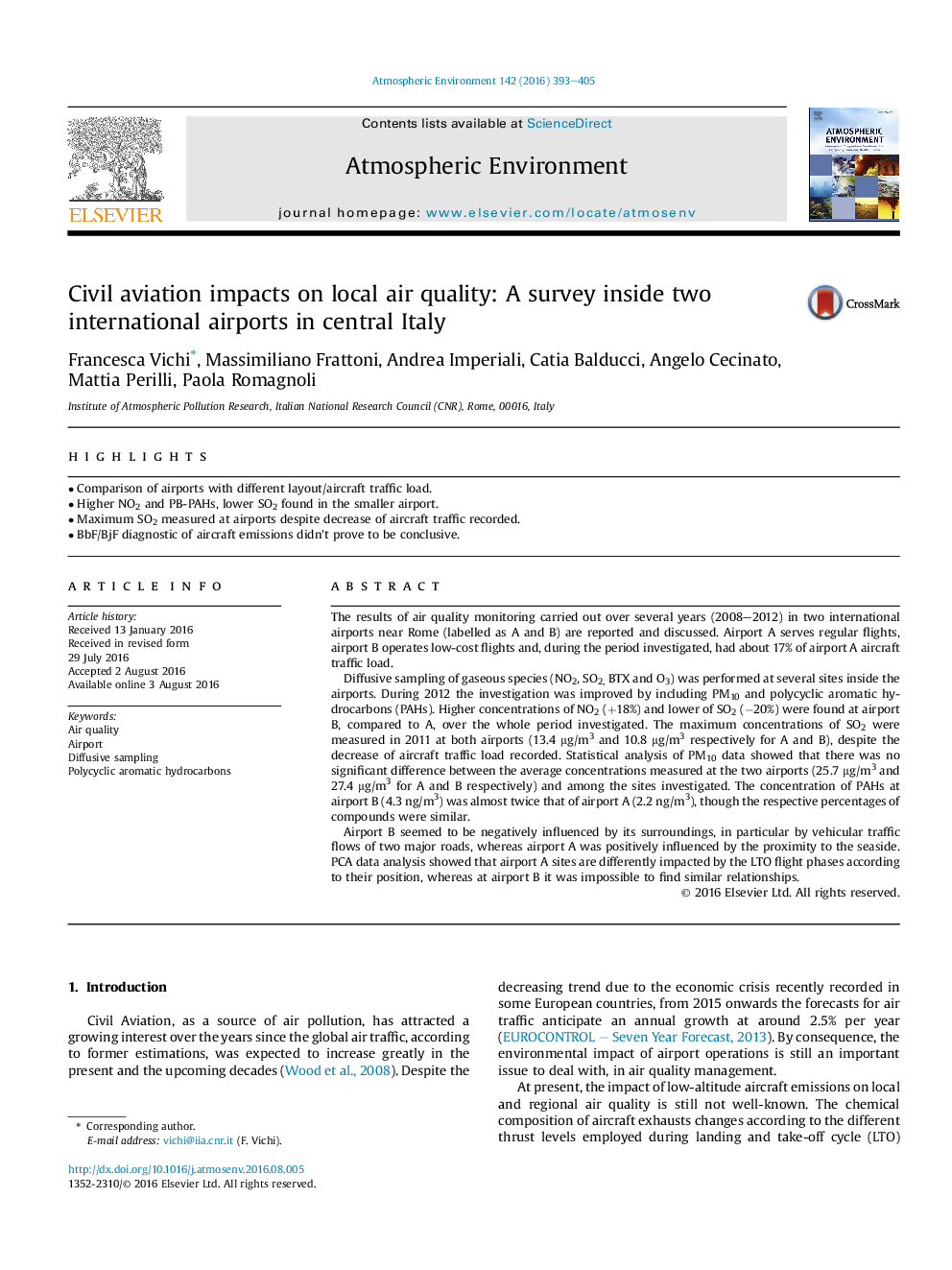 Civil aviation impacts on local air quality: A survey inside two international airports in central Italy