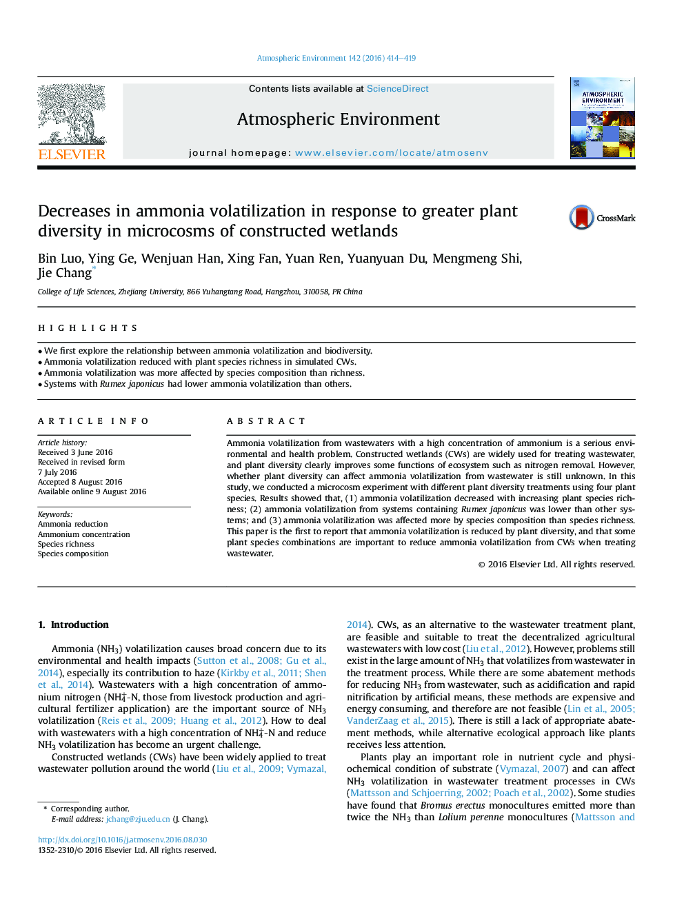 Decreases in ammonia volatilization in response to greater plant diversity in microcosms of constructed wetlands