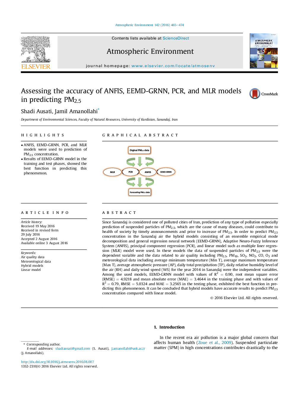 Assessing the accuracy of ANFIS, EEMD-GRNN, PCR, and MLR models in predicting PM2.5