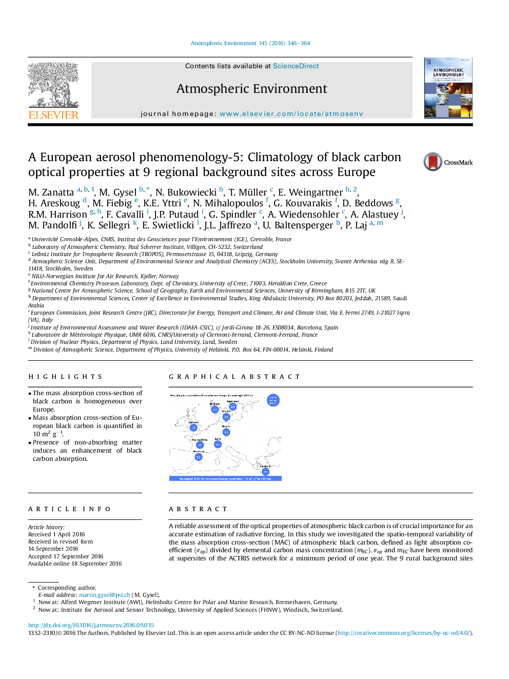 A European aerosol phenomenology-5: Climatology of black carbon optical properties at 9 regional background sites across Europe