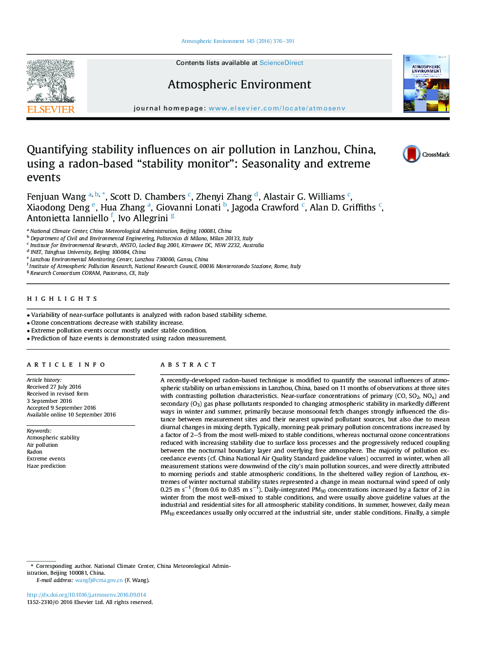 Quantifying stability influences on air pollution in Lanzhou, China, using a radon-based “stability monitor”: Seasonality and extreme events