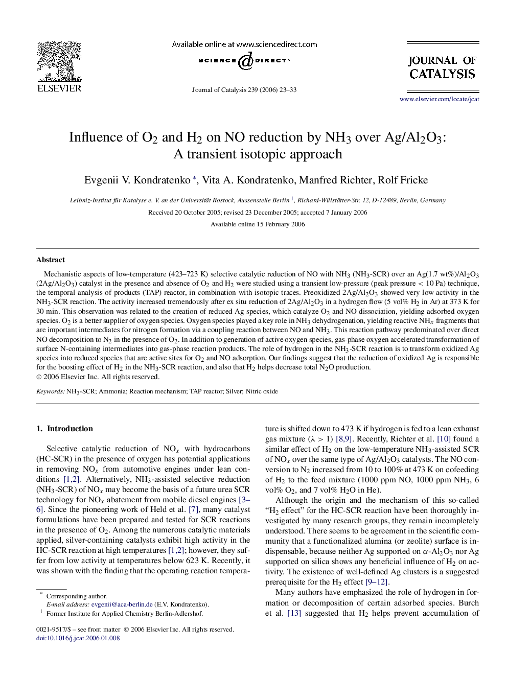 Influence of O2 and H2 on NO reduction by NH3 over Ag/Al2O3: A transient isotopic approach