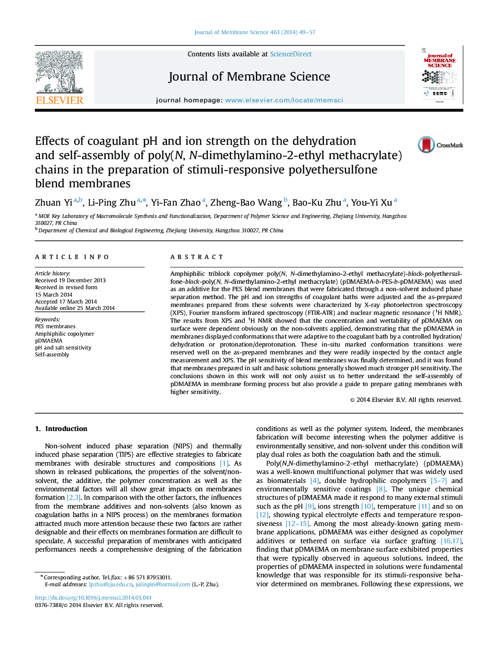 Effects of coagulant pH and ion strength on the dehydration and self-assembly of poly(N, N-dimethylamino-2-ethyl methacrylate) chains in the preparation of stimuli-responsive polyethersulfone blend membranes