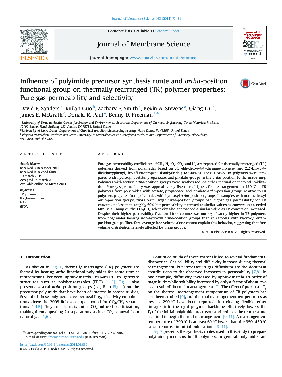 Influence of polyimide precursor synthesis route and ortho-position functional group on thermally rearranged (TR) polymer properties: Pure gas permeability and selectivity