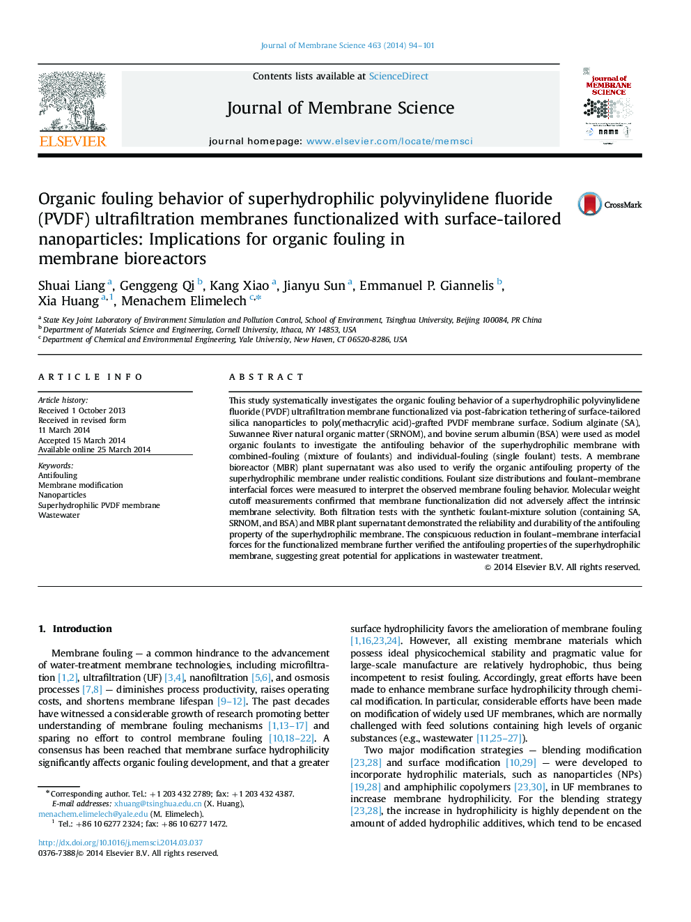 Organic fouling behavior of superhydrophilic polyvinylidene fluoride (PVDF) ultrafiltration membranes functionalized with surface-tailored nanoparticles: Implications for organic fouling in membrane bioreactors