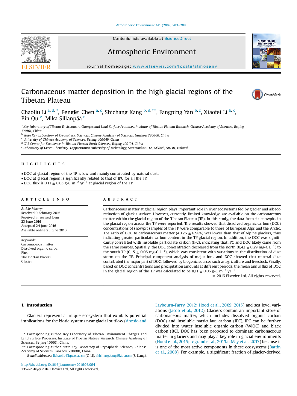 Carbonaceous matter deposition in the high glacial regions of the Tibetan Plateau