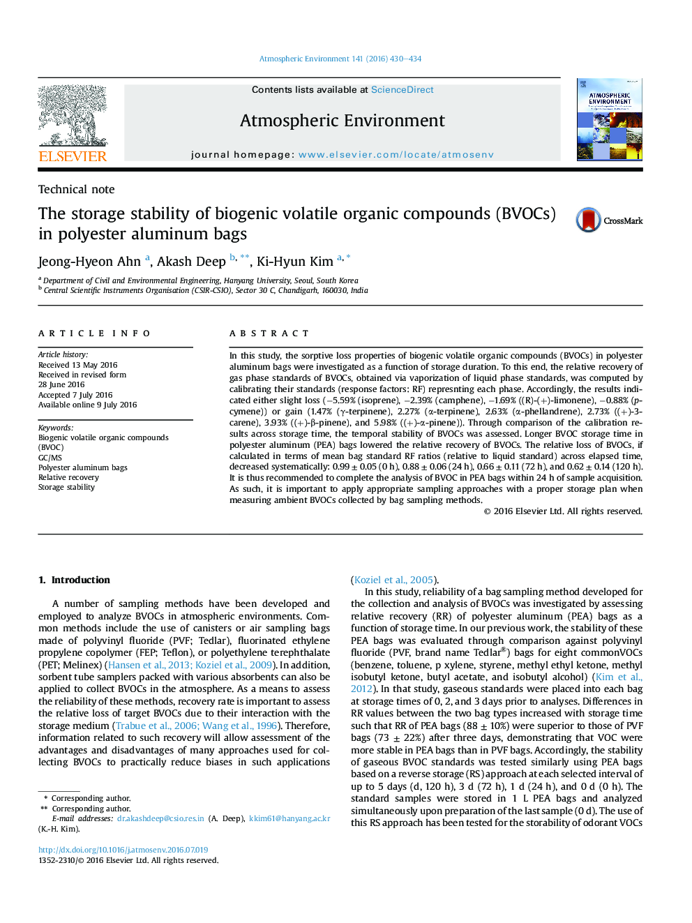 Technical noteThe storage stability of biogenic volatile organic compounds (BVOCs) in polyester aluminum bags