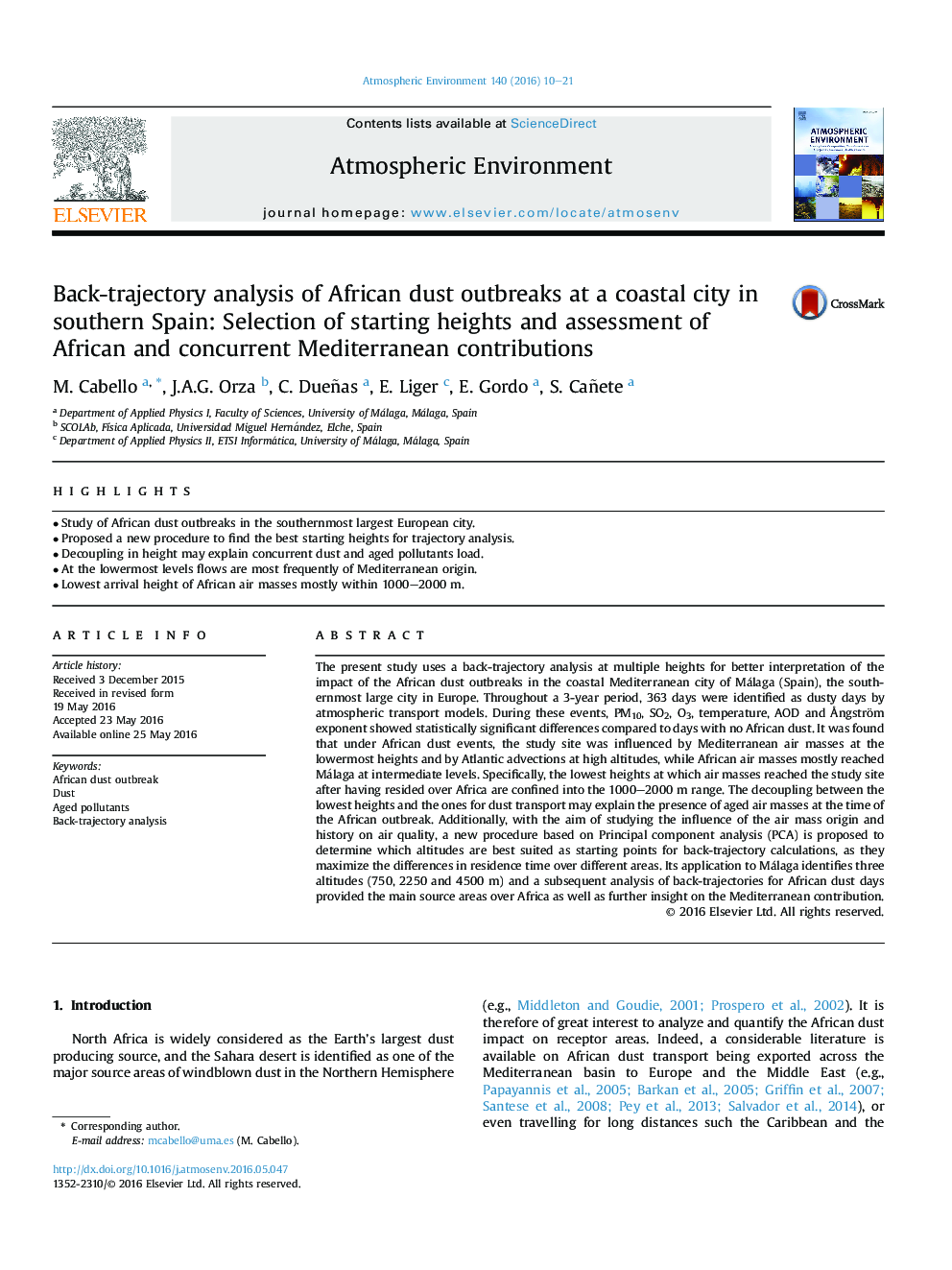 Back-trajectory analysis of African dust outbreaks at a coastal city in southern Spain: Selection of starting heights and assessment of African and concurrent Mediterranean contributions