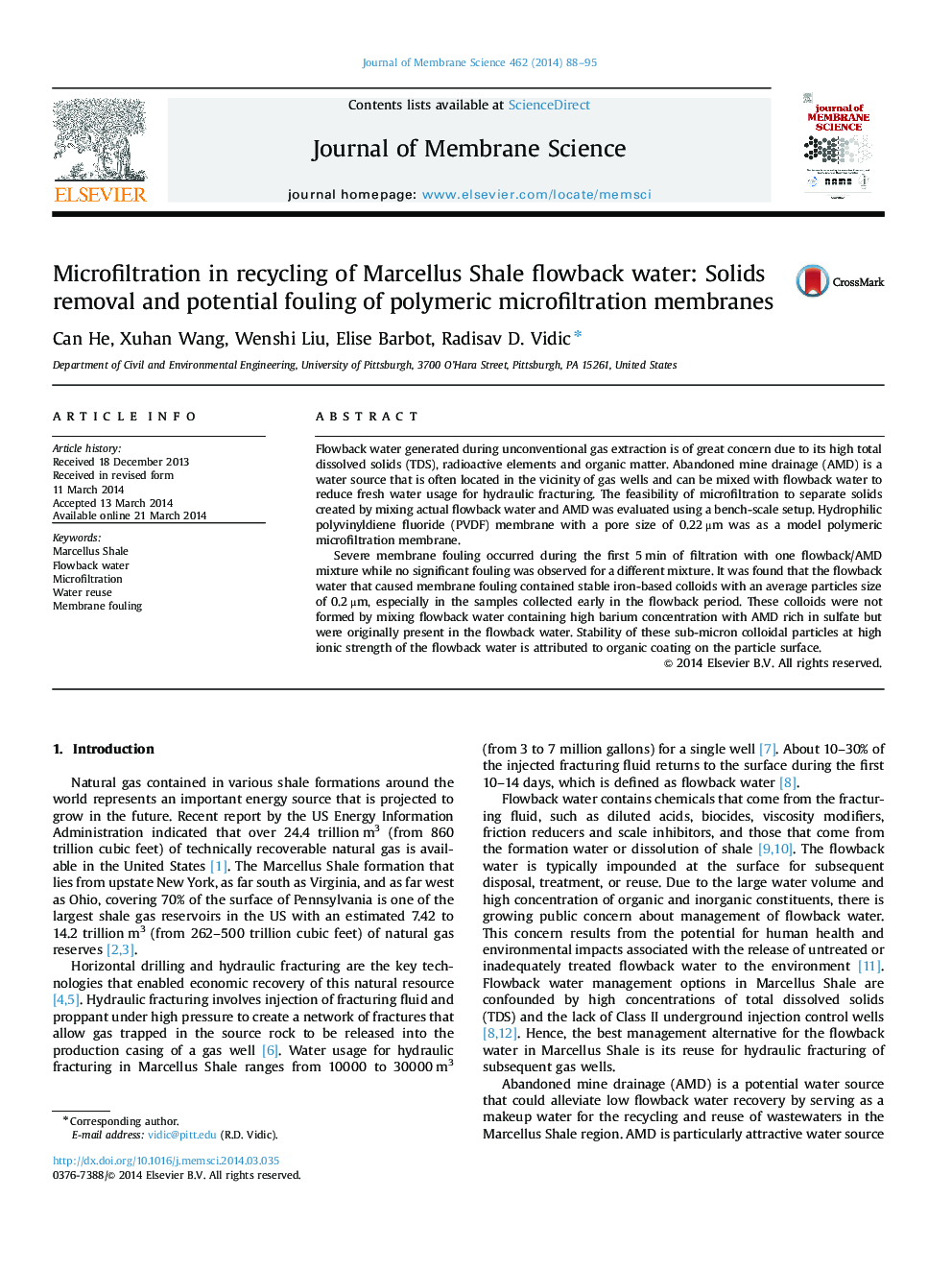 Microfiltration in recycling of Marcellus Shale flowback water: Solids removal and potential fouling of polymeric microfiltration membranes