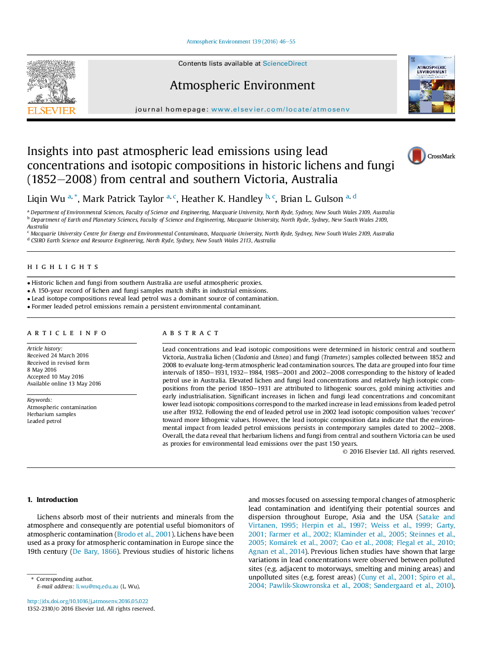 Insights into past atmospheric lead emissions using lead concentrations and isotopic compositions in historic lichens and fungi (1852-2008) from central and southern Victoria, Australia