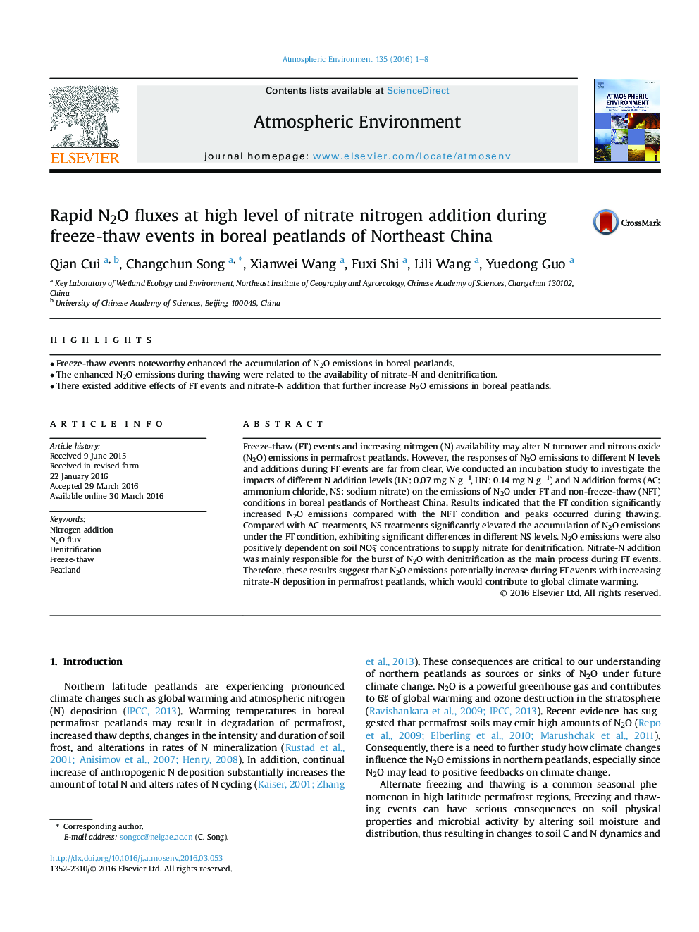 Rapid N2O fluxes at high level of nitrate nitrogen addition during freeze-thaw events in boreal peatlands of Northeast China