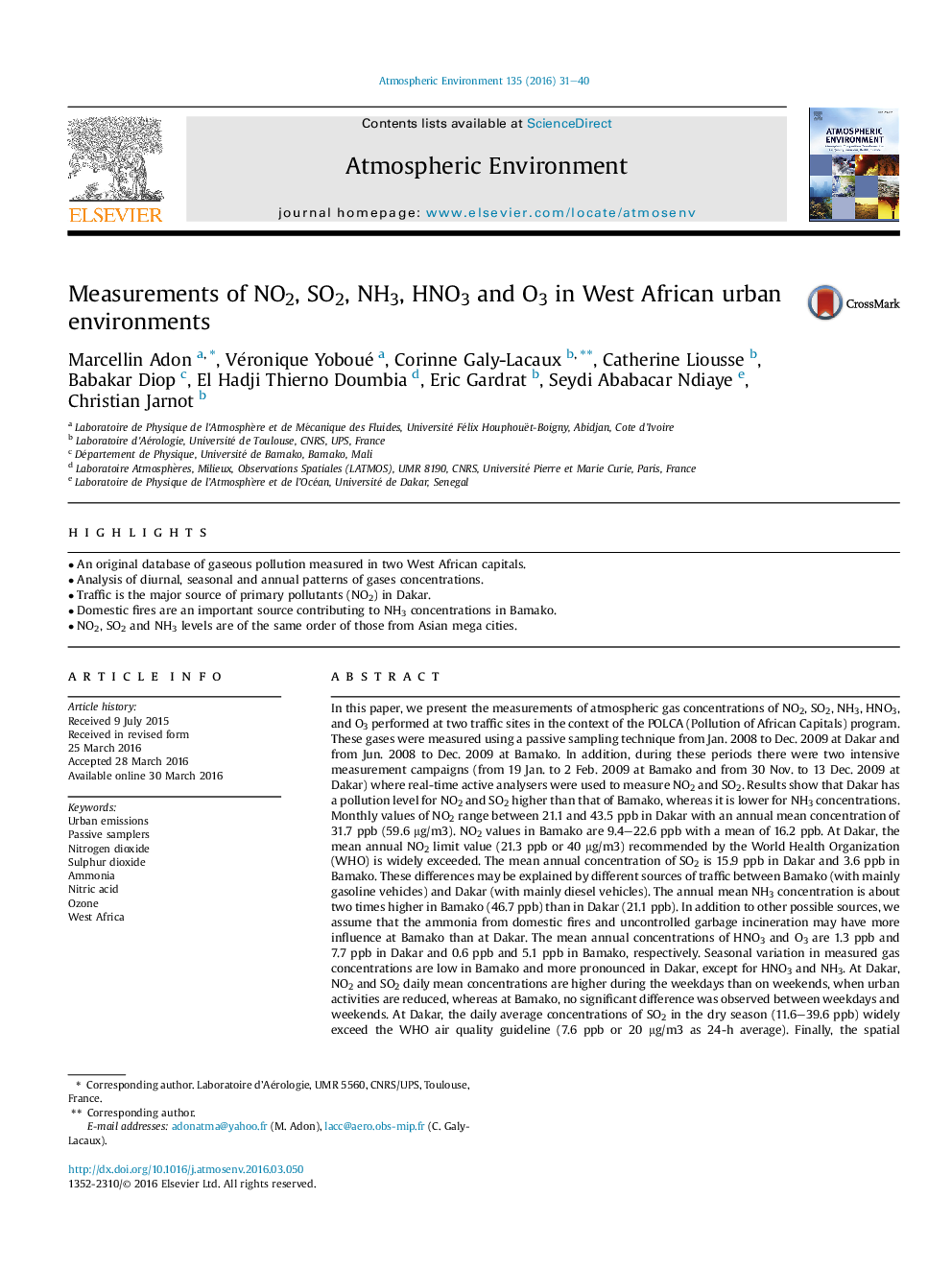 Measurements of NO2, SO2, NH3, HNO3 and O3 in West African urban environments