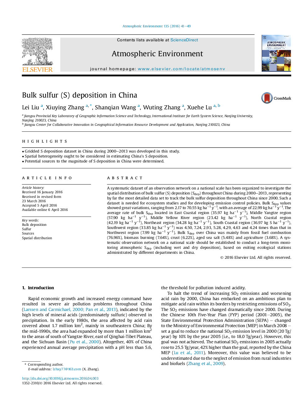 عکس صفحه اول مقاله: Bulk sulfur (S) deposition in China Bulk sulfur (S) deposition in China