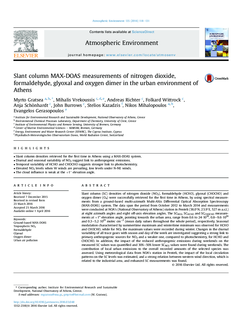 Slant column MAX-DOAS measurements of nitrogen dioxide, formaldehyde, glyoxal and oxygen dimer in the urban environment of Athens