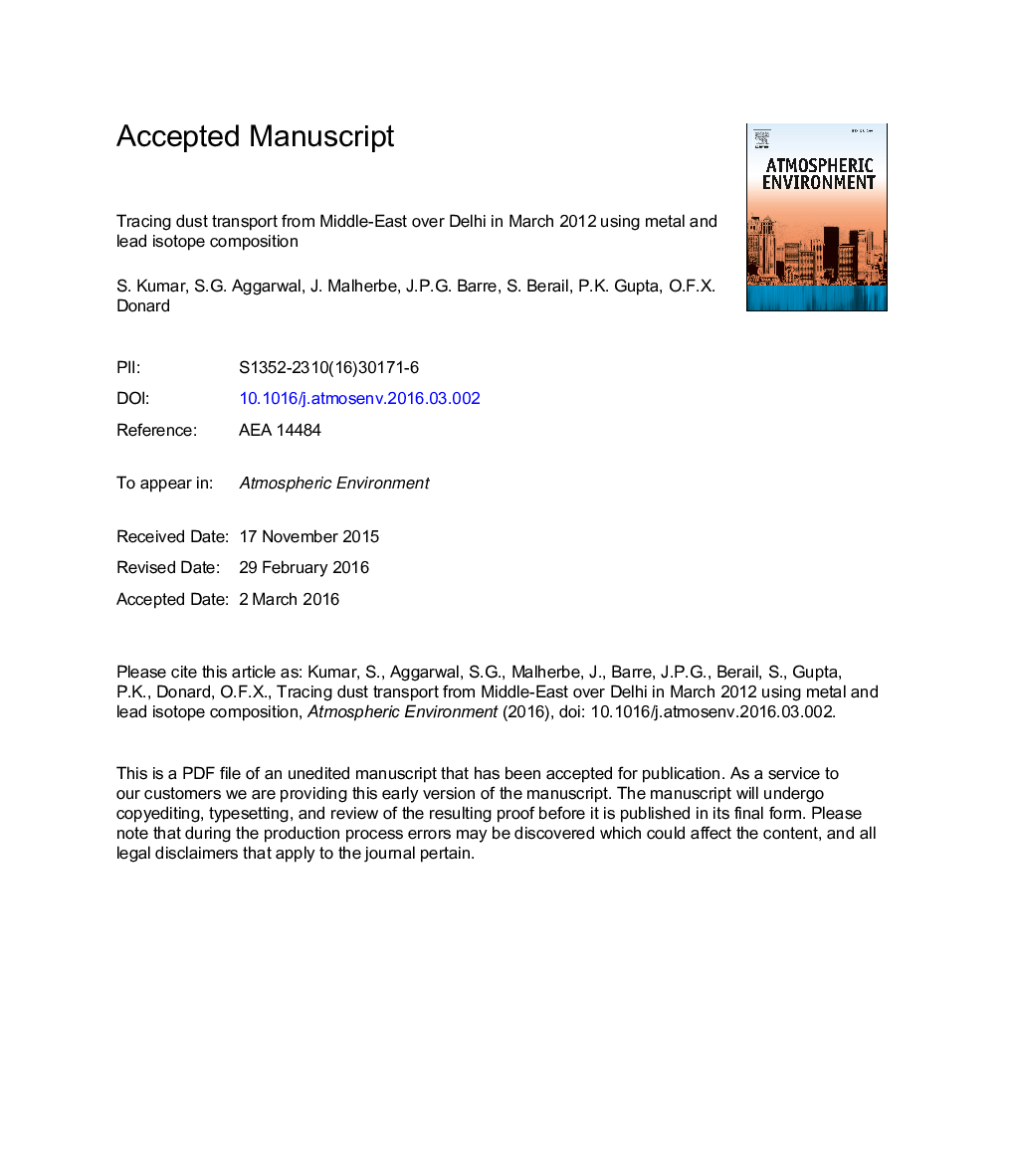 ردیابی حمل و نقل گرد و غبار از خاورمیانه در دهلی در مارس 2012 با استفاده از ترکیبات فلزی و ایزوتوپ سرب 