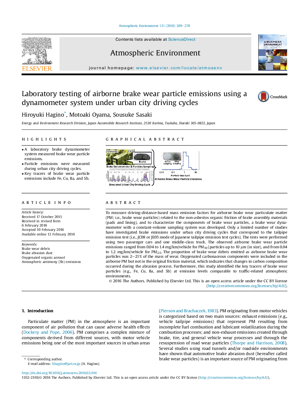 Laboratory testing of airborne brake wear particle emissions using a dynamometer system under urban city driving cycles