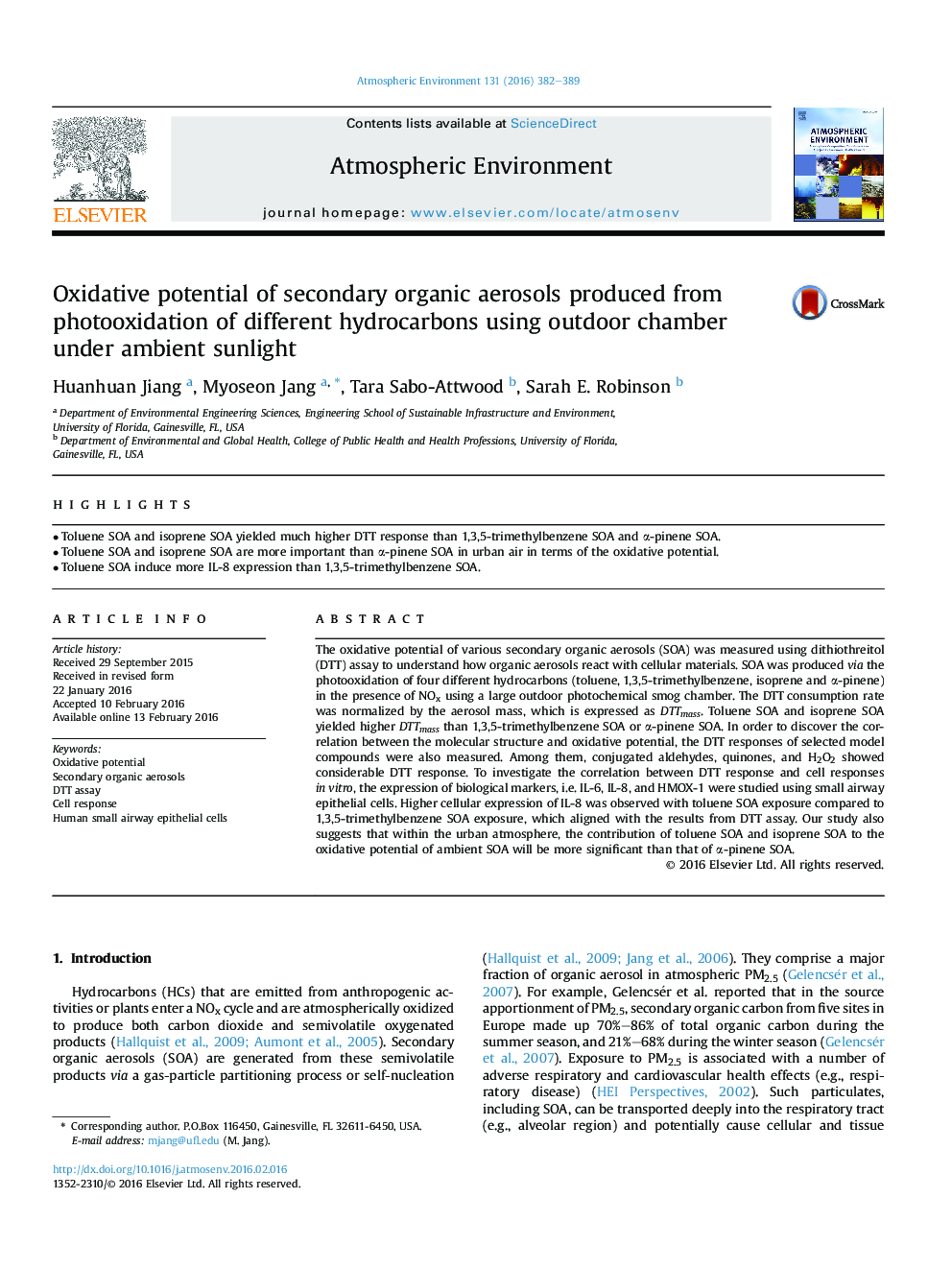 Oxidative potential of secondary organic aerosols produced from photooxidation of different hydrocarbons using outdoor chamber under ambient sunlight