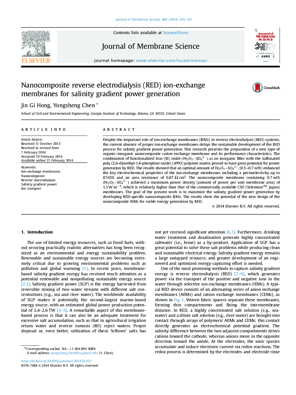 Nanocomposite reverse electrodialysis (RED) ion-exchange membranes for salinity gradient power generation