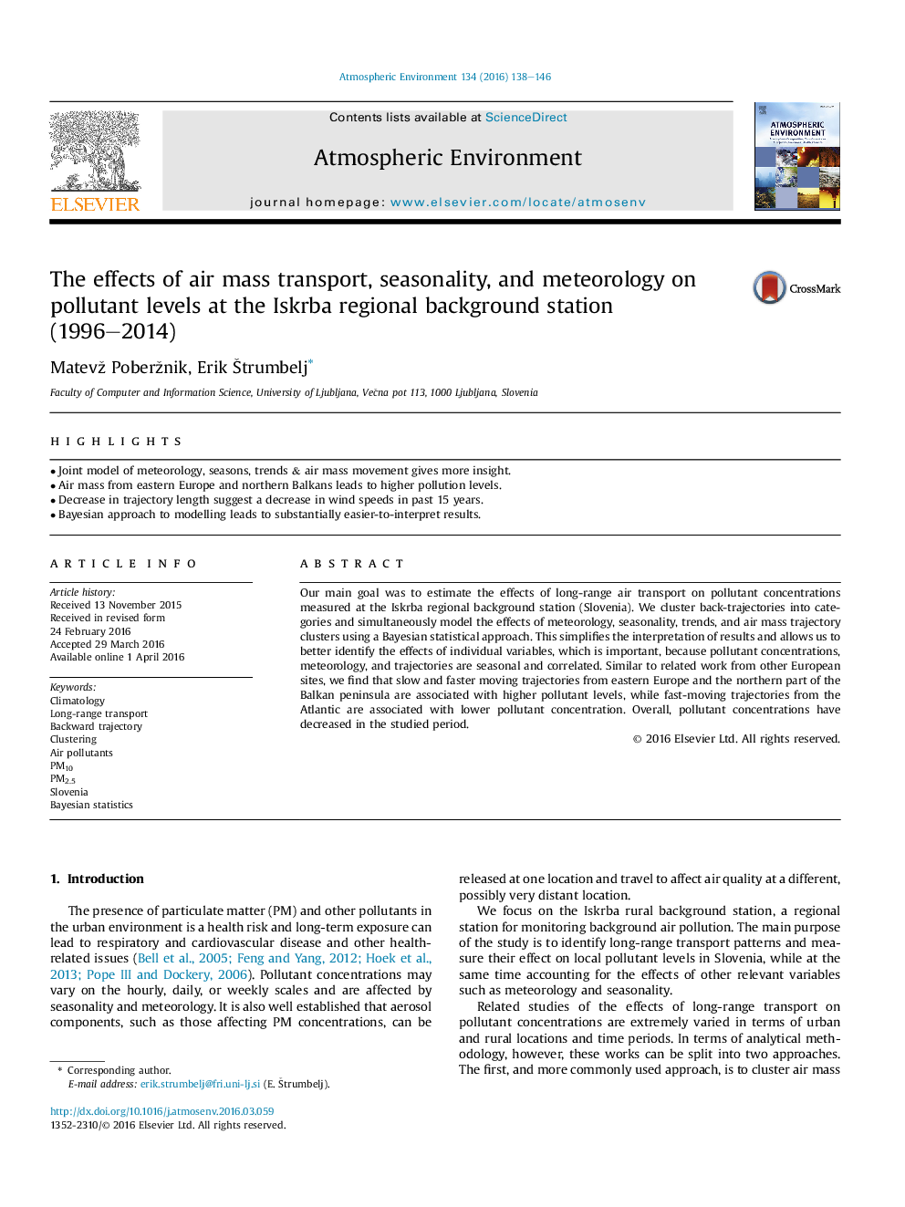 The effects of air mass transport, seasonality, and meteorology on pollutant levels at the Iskrba regional background station (1996-2014)