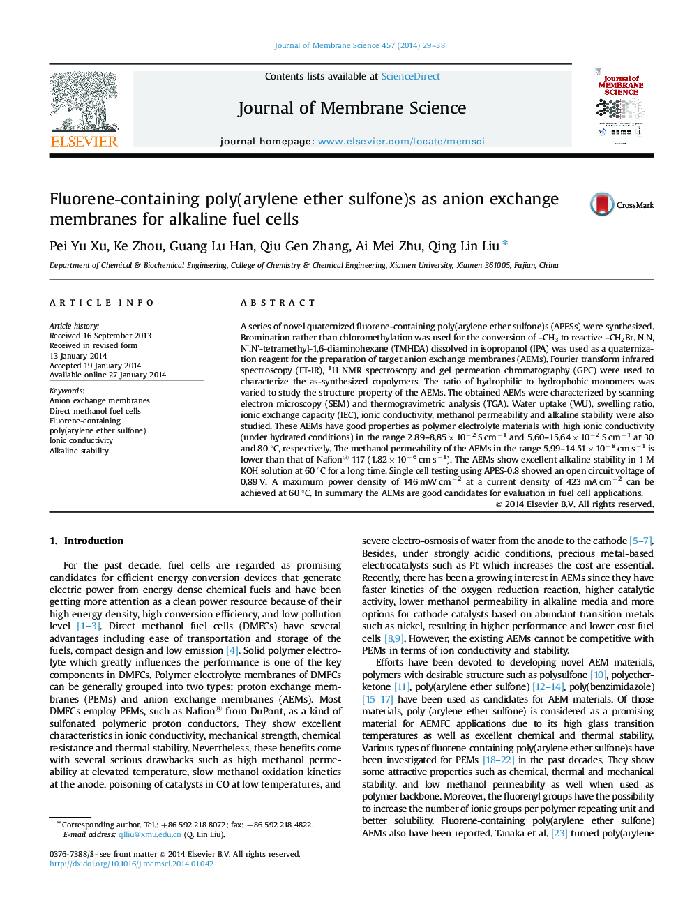 Fluorene-containing poly(arylene ether sulfone)s as anion exchange membranes for alkaline fuel cells