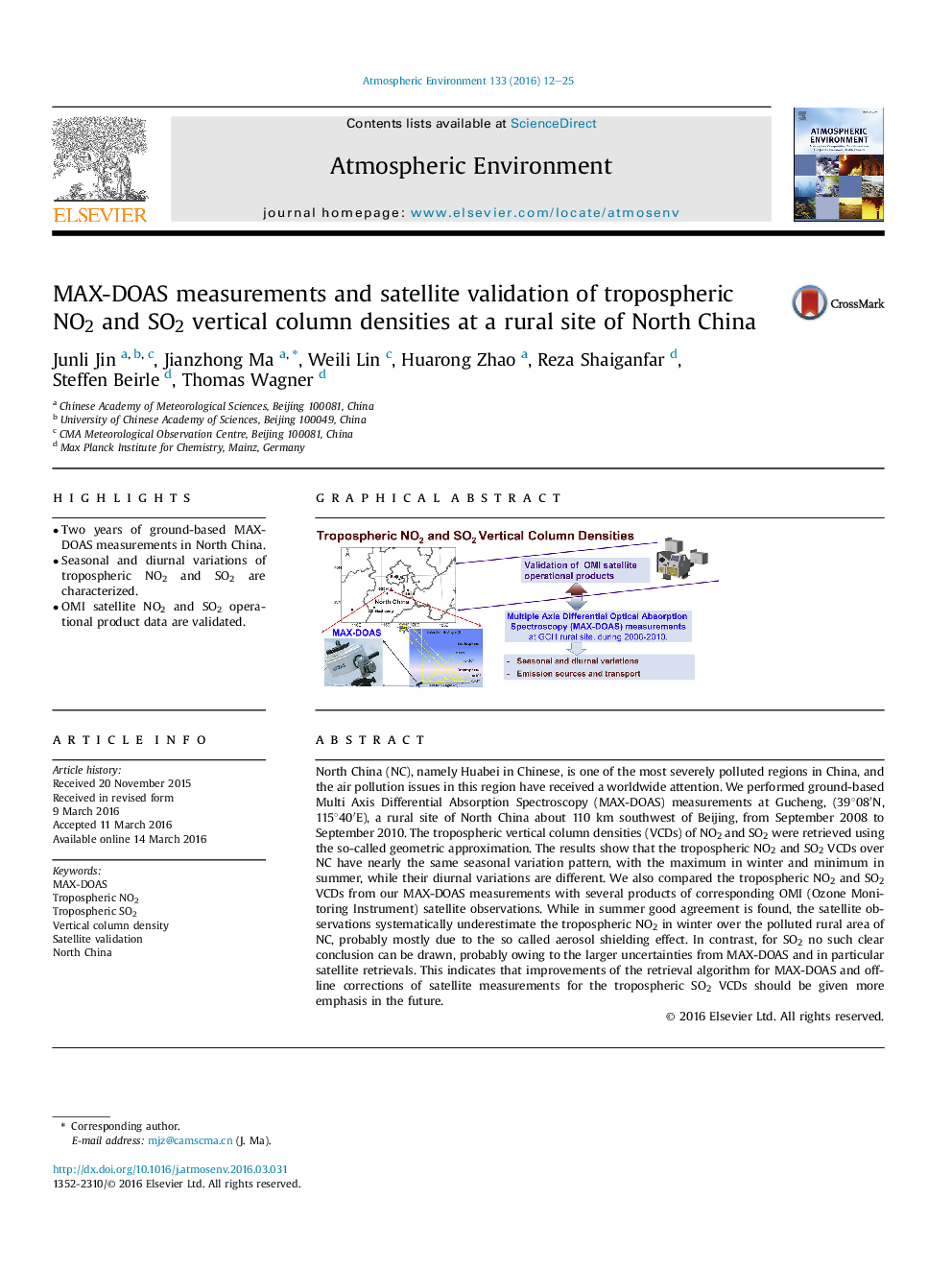 MAX-DOAS measurements and satellite validation of tropospheric NO2 and SO2 vertical column densities at a rural site of North China