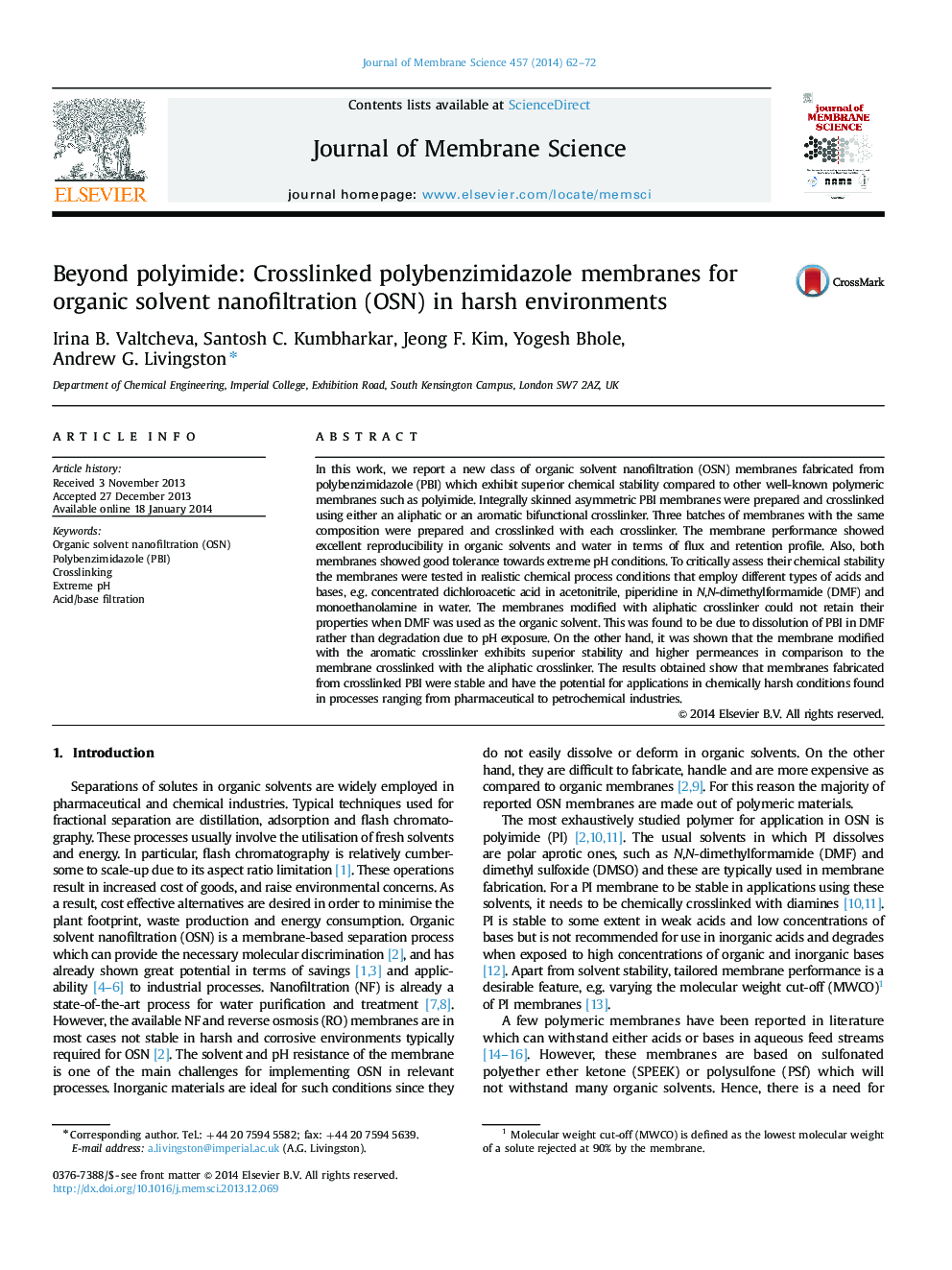 Beyond polyimide: Crosslinked polybenzimidazole membranes for organic solvent nanofiltration (OSN) in harsh environments