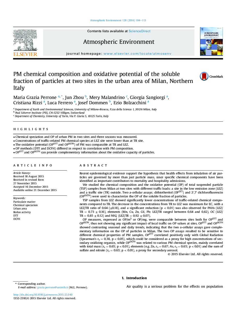 PM chemical composition and oxidative potential of the soluble fraction of particles at two sites in the urban area of Milan, Northern Italy