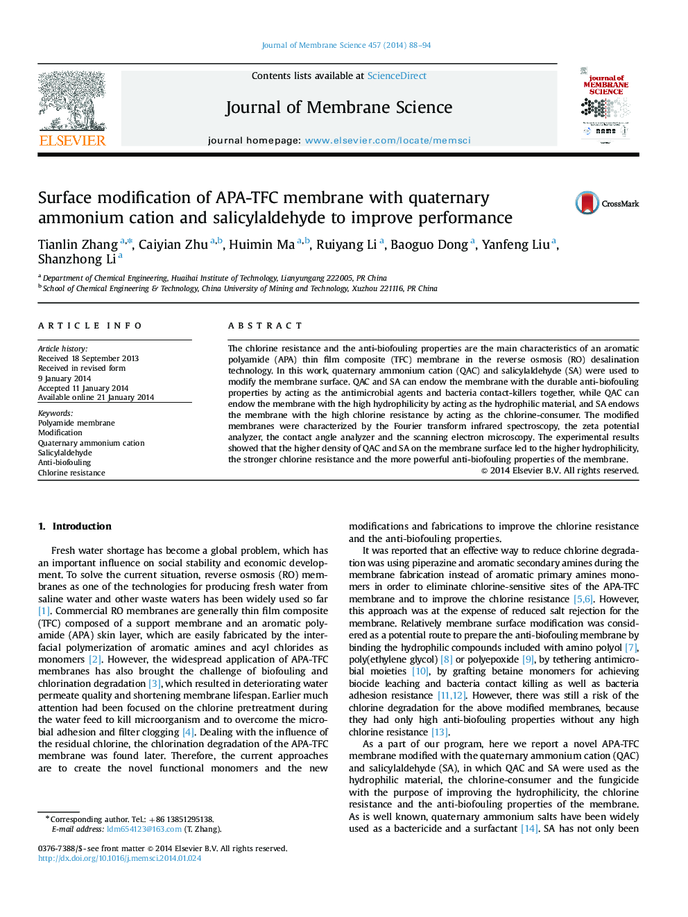 Surface modification of APA-TFC membrane with quaternary ammonium cation and salicylaldehyde to improve performance