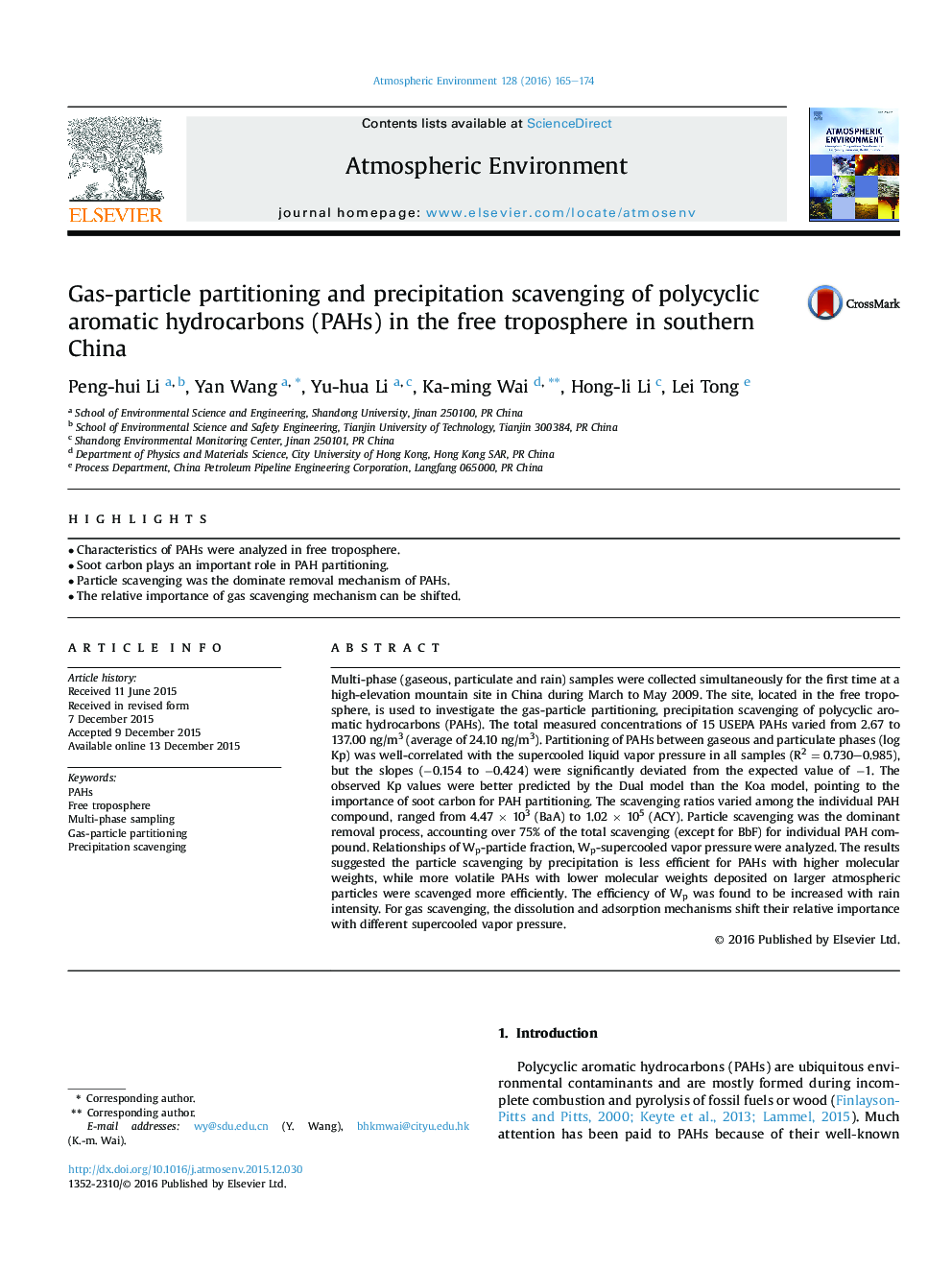 Gas-particle partitioning and precipitation scavenging of polycyclic aromatic hydrocarbons (PAHs) in the free troposphere in southern China