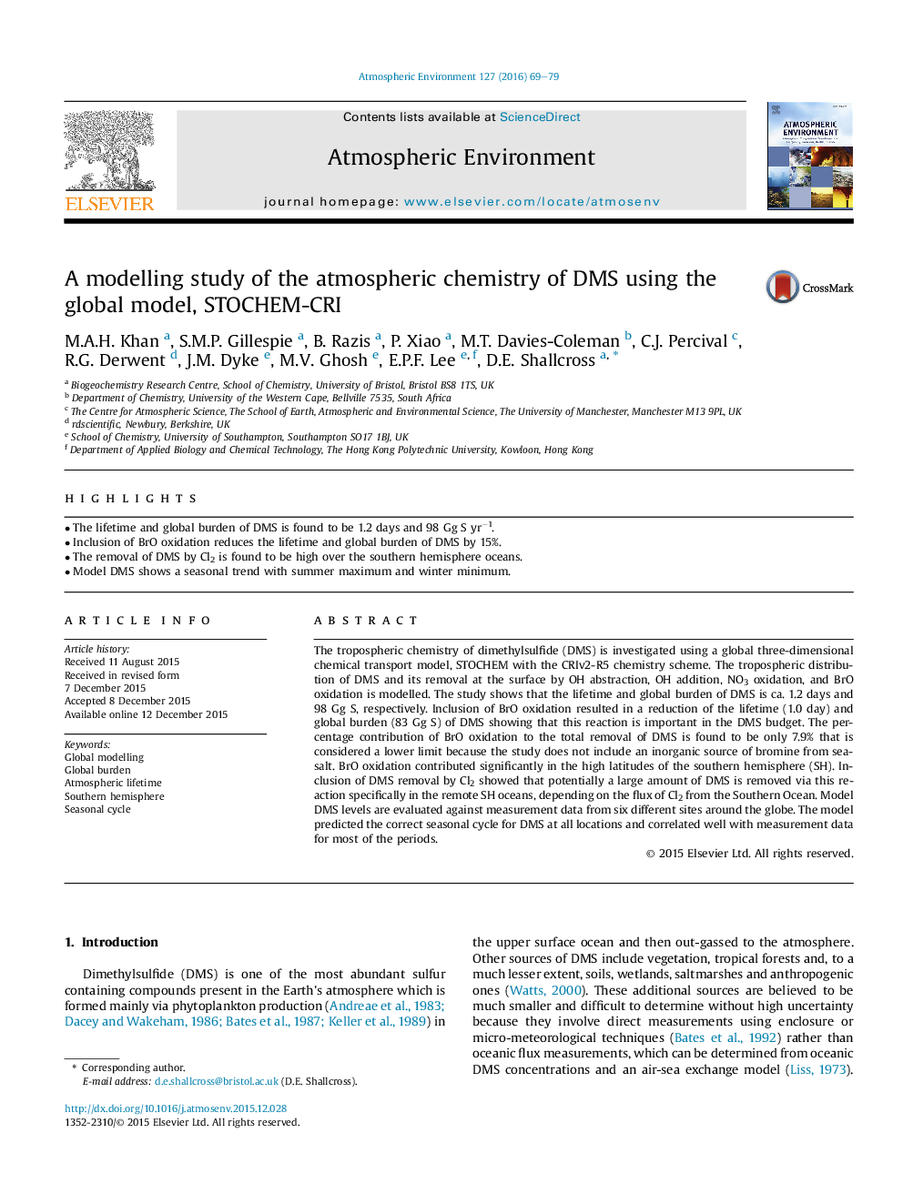 A modelling study of the atmospheric chemistry of DMS using the global model, STOCHEM-CRI