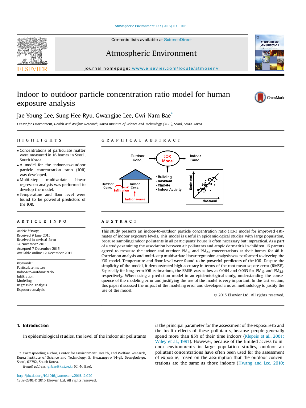 Indoor-to-outdoor particle concentration ratio model for human exposure analysis