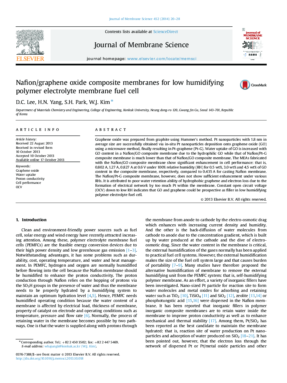 Nafion/graphene oxide composite membranes for low humidifying polymer electrolyte membrane fuel cell