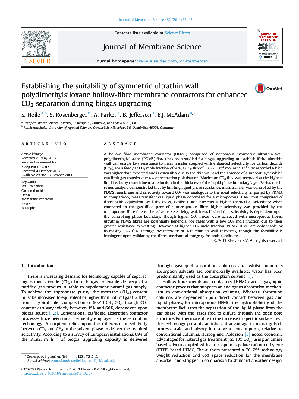 Establishing the suitability of symmetric ultrathin wall polydimethylsiloxane hollow-fibre membrane contactors for enhanced CO2 separation during biogas upgrading