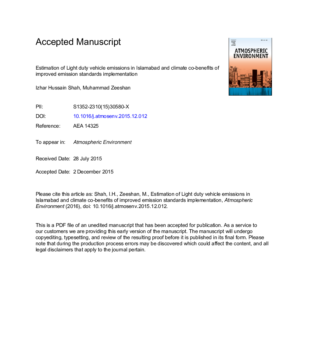 Estimation of light duty vehicle emissions in Islamabad and climate co-benefits of improved emission standards implementation