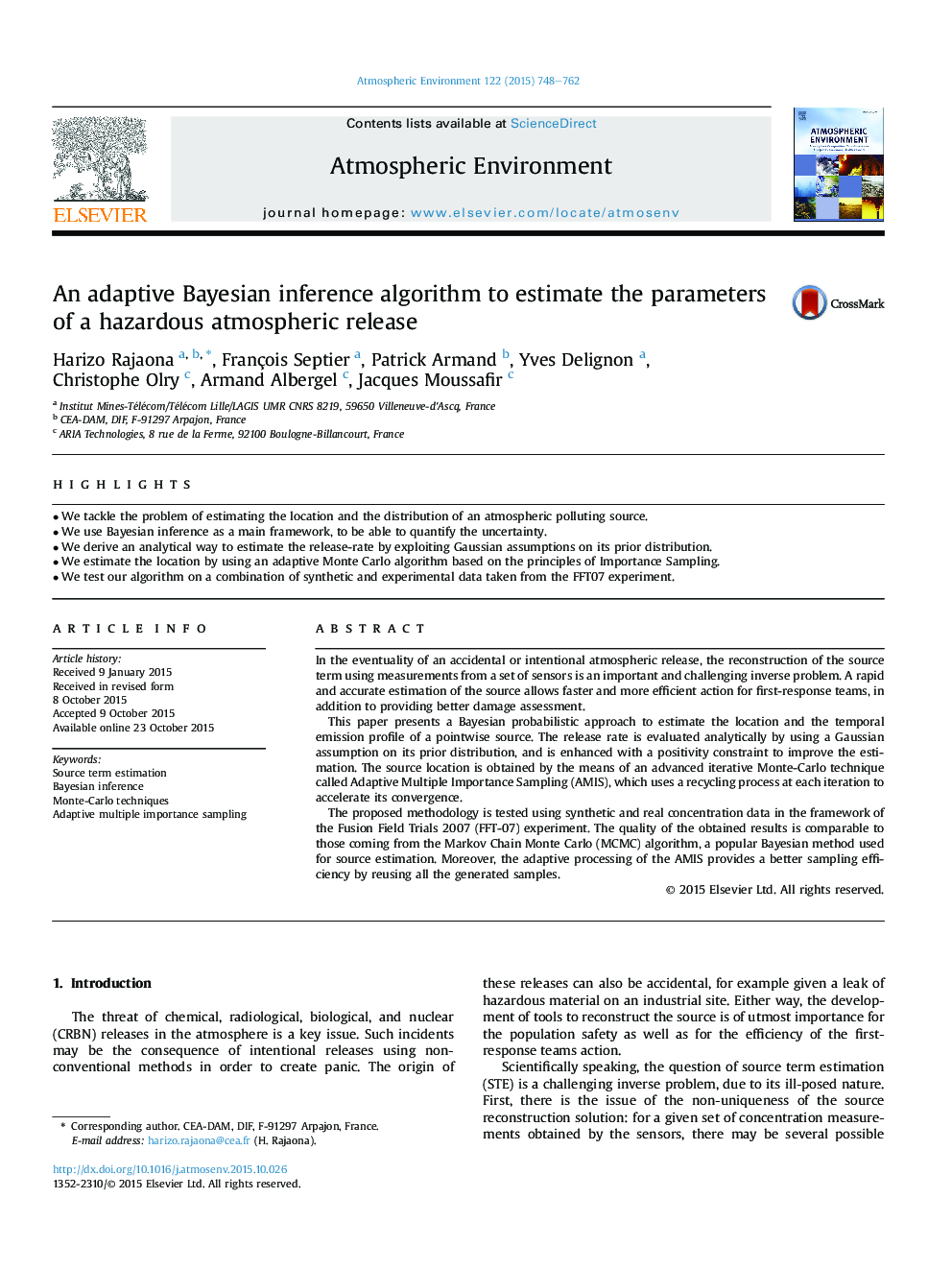 An adaptive Bayesian inference algorithm to estimate the parameters of a hazardous atmospheric release