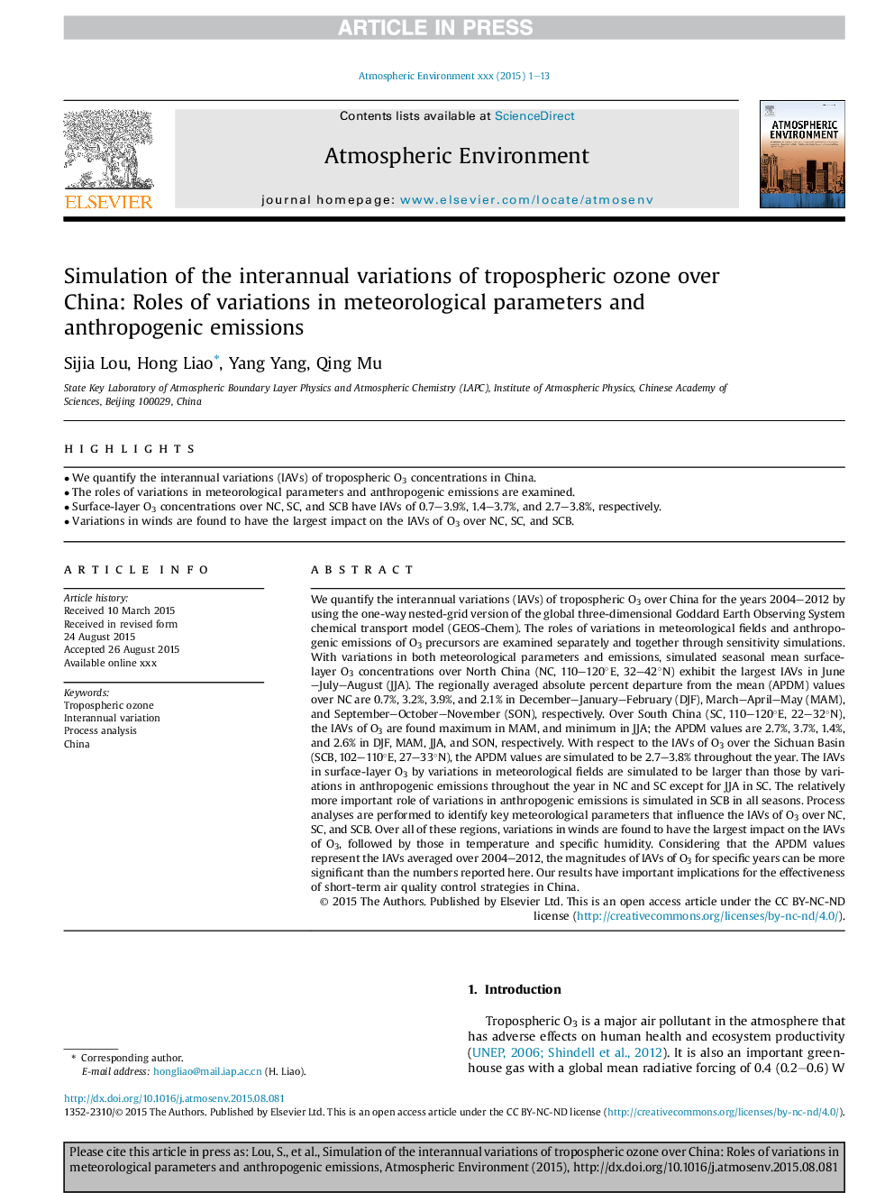 Simulation of the interannual variations of tropospheric ozone over China: Roles of variations in meteorological parameters and anthropogenic emissions