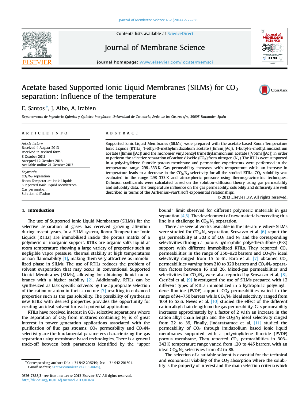 Acetate based Supported Ionic Liquid Membranes (SILMs) for CO2 separation: Influence of the temperature