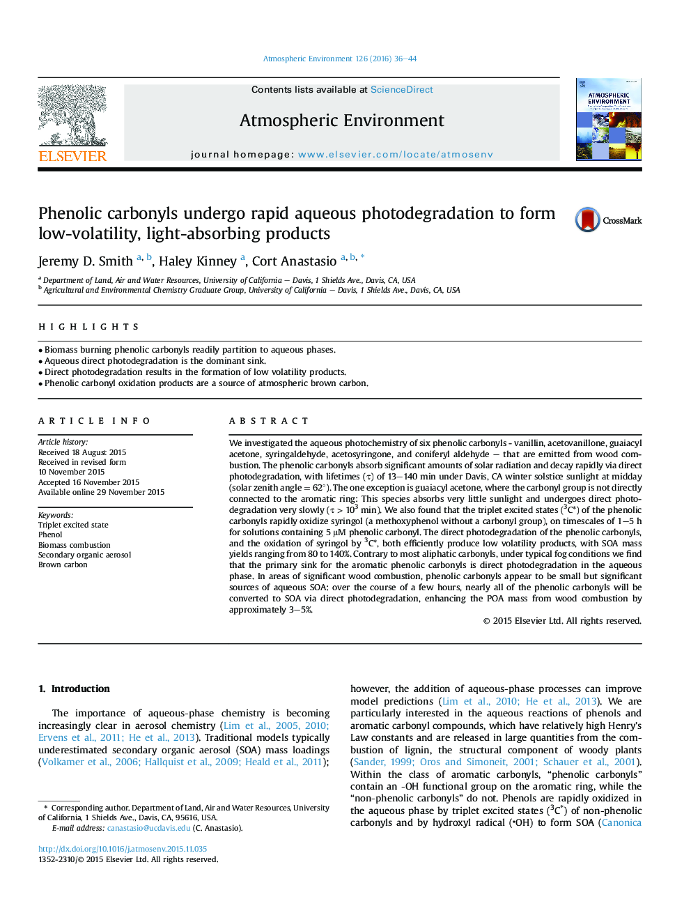 Phenolic carbonyls undergo rapid aqueous photodegradation to form low-volatility, light-absorbing products