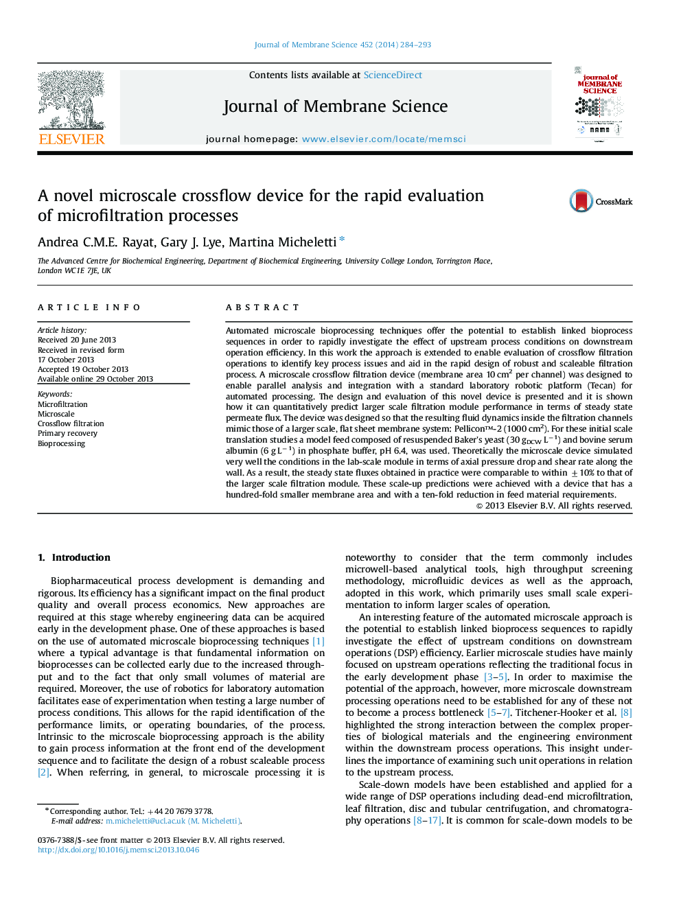 A novel microscale crossflow device for the rapid evaluation of microfiltration processes