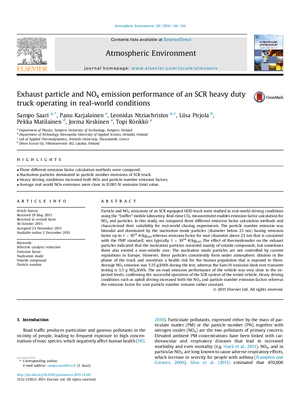 Exhaust particle and NOx emission performance of an SCR heavy duty truck operating in real-world conditions