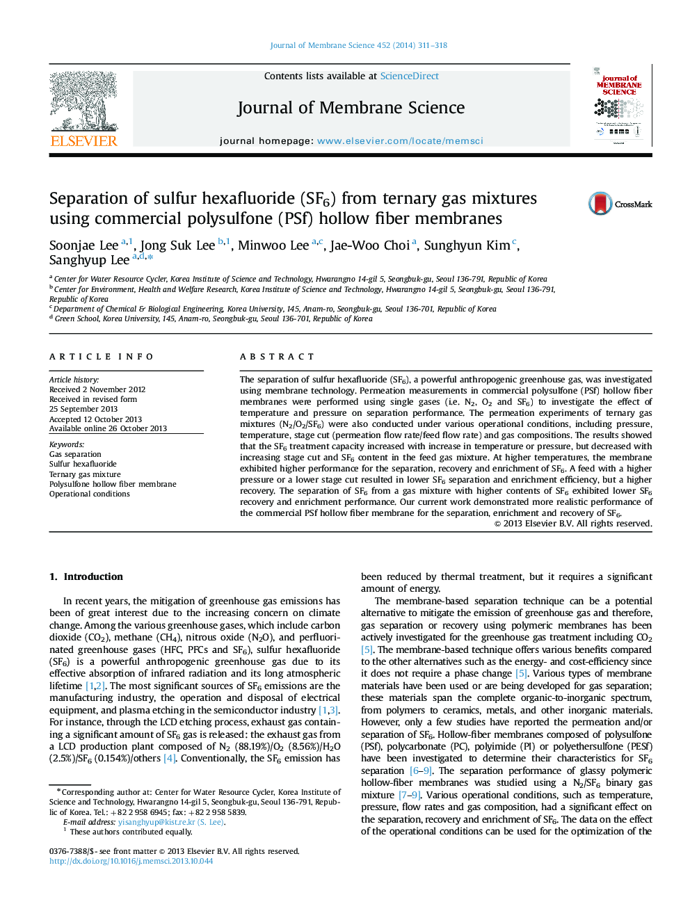 Separation of sulfur hexafluoride (SF6) from ternary gas mixtures using commercial polysulfone (PSf) hollow fiber membranes