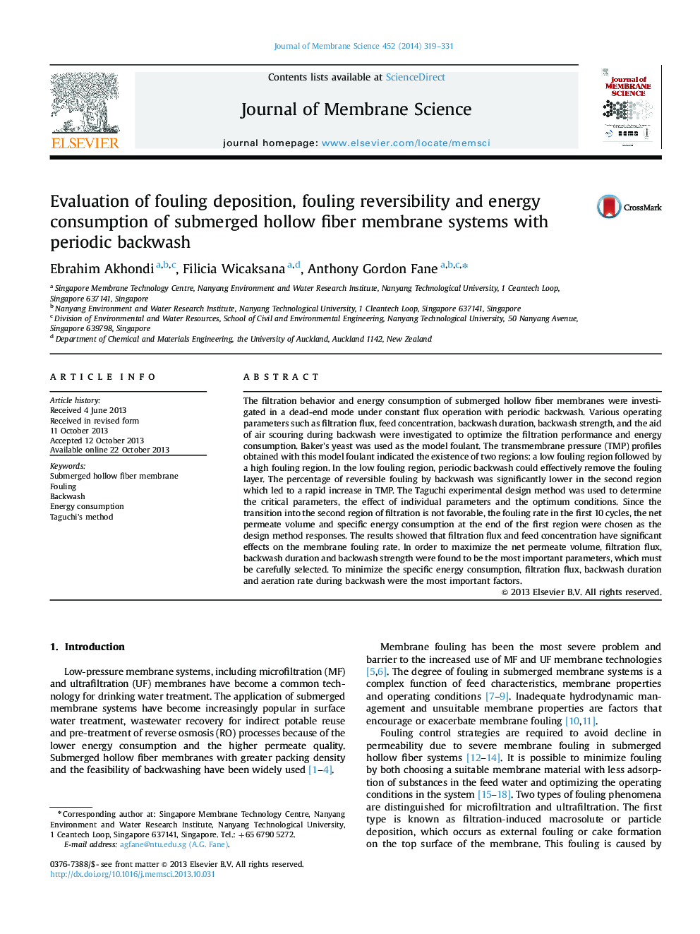 Evaluation of fouling deposition, fouling reversibility and energy consumption of submerged hollow fiber membrane systems with periodic backwash