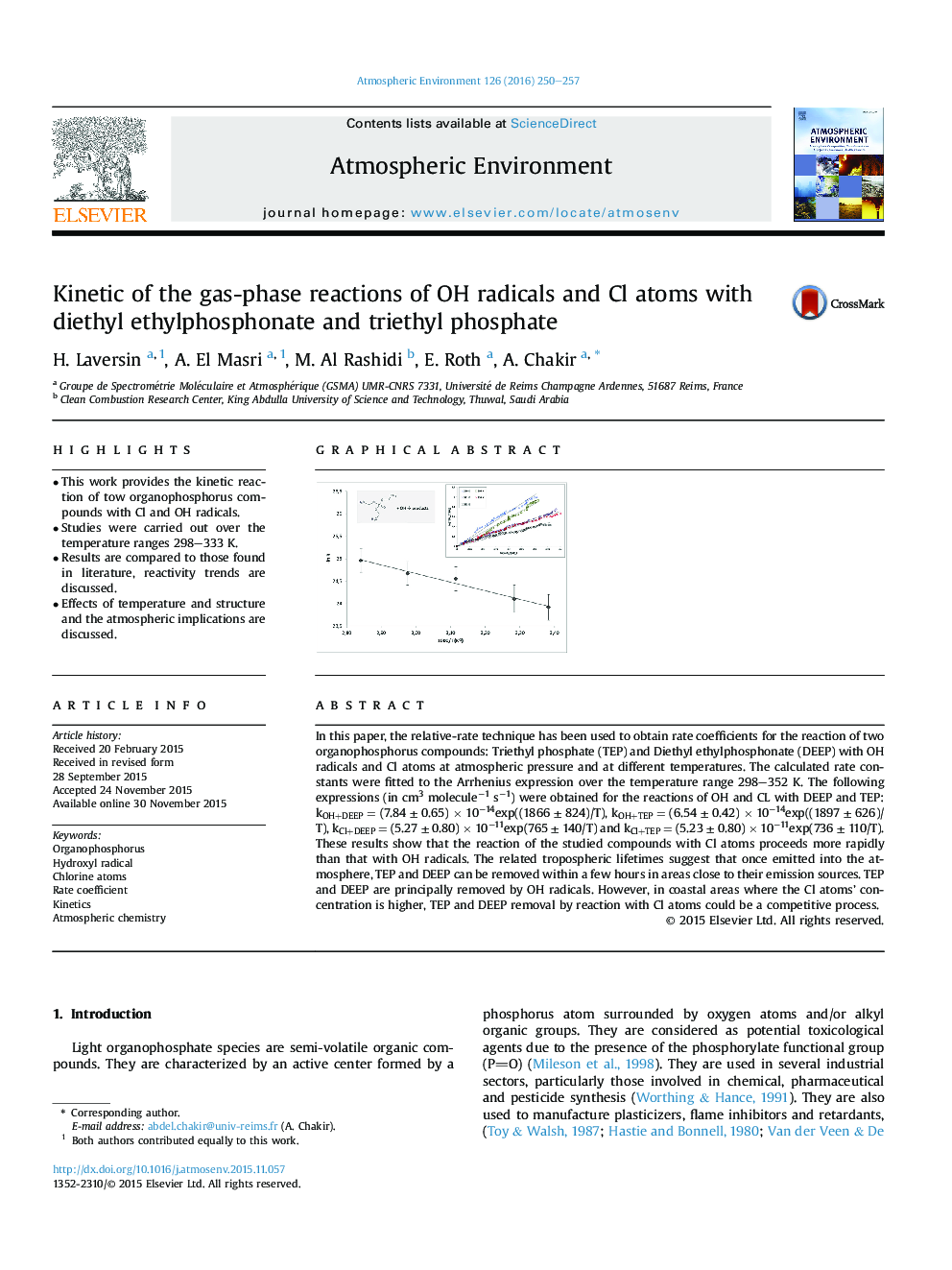 Kinetic of the gas-phase reactions of OH radicals and Cl atoms with diethyl ethylphosphonate and triethyl phosphate