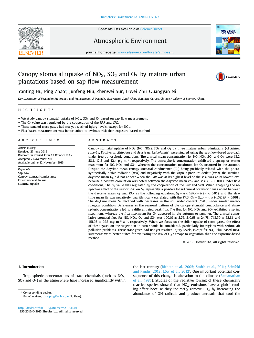 Canopy stomatal uptake of NOX, SO2 and O3 by mature urban plantations based on sap flow measurement