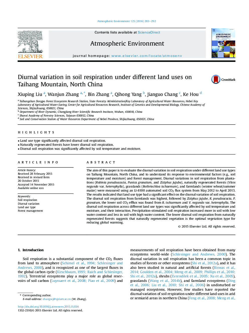 Diurnal variation in soil respiration under different land uses on Taihang Mountain, North China