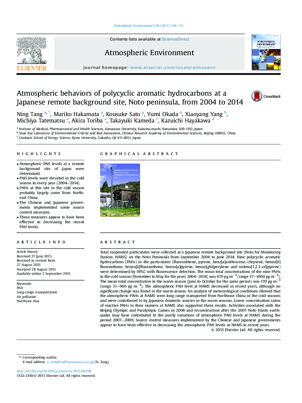 Atmospheric behaviors of polycyclic aromatic hydrocarbons at a Japanese remote background site, Noto peninsula, from 2004 to 2014