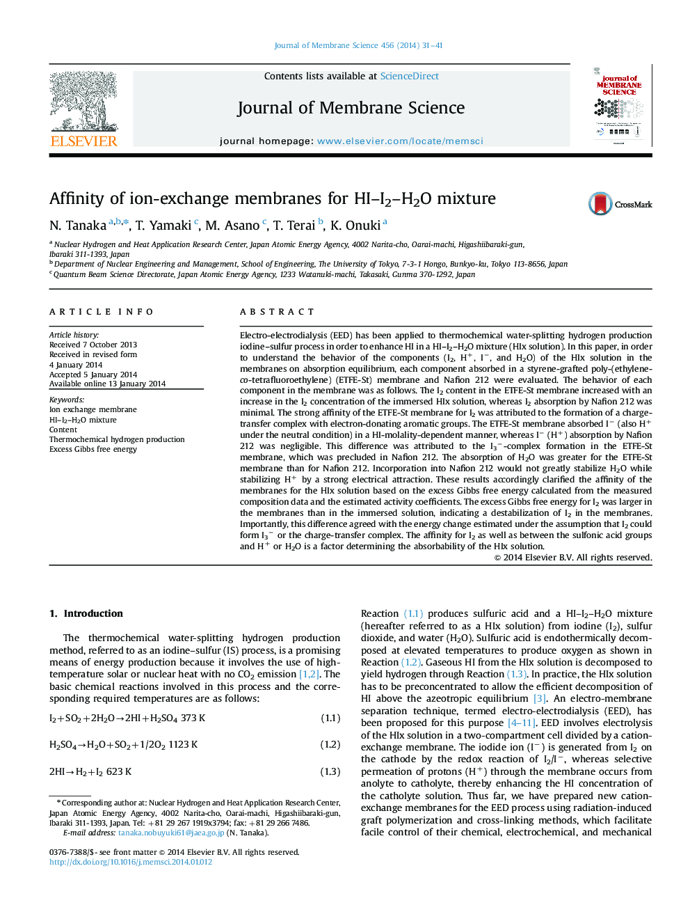 Affinity of ion-exchange membranes for HI–I2–H2O mixture